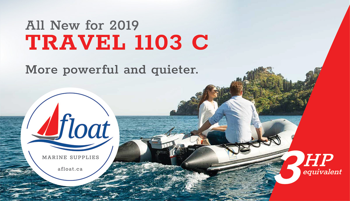 All new for 2019, Travel 1103C. More powerful and quieter. Picture of couple in a boat.