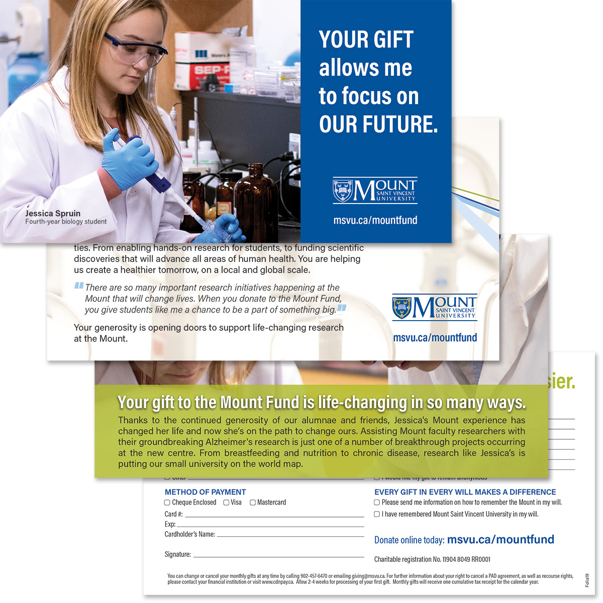 Mount Fund info card. Image of female student in lab coat.
